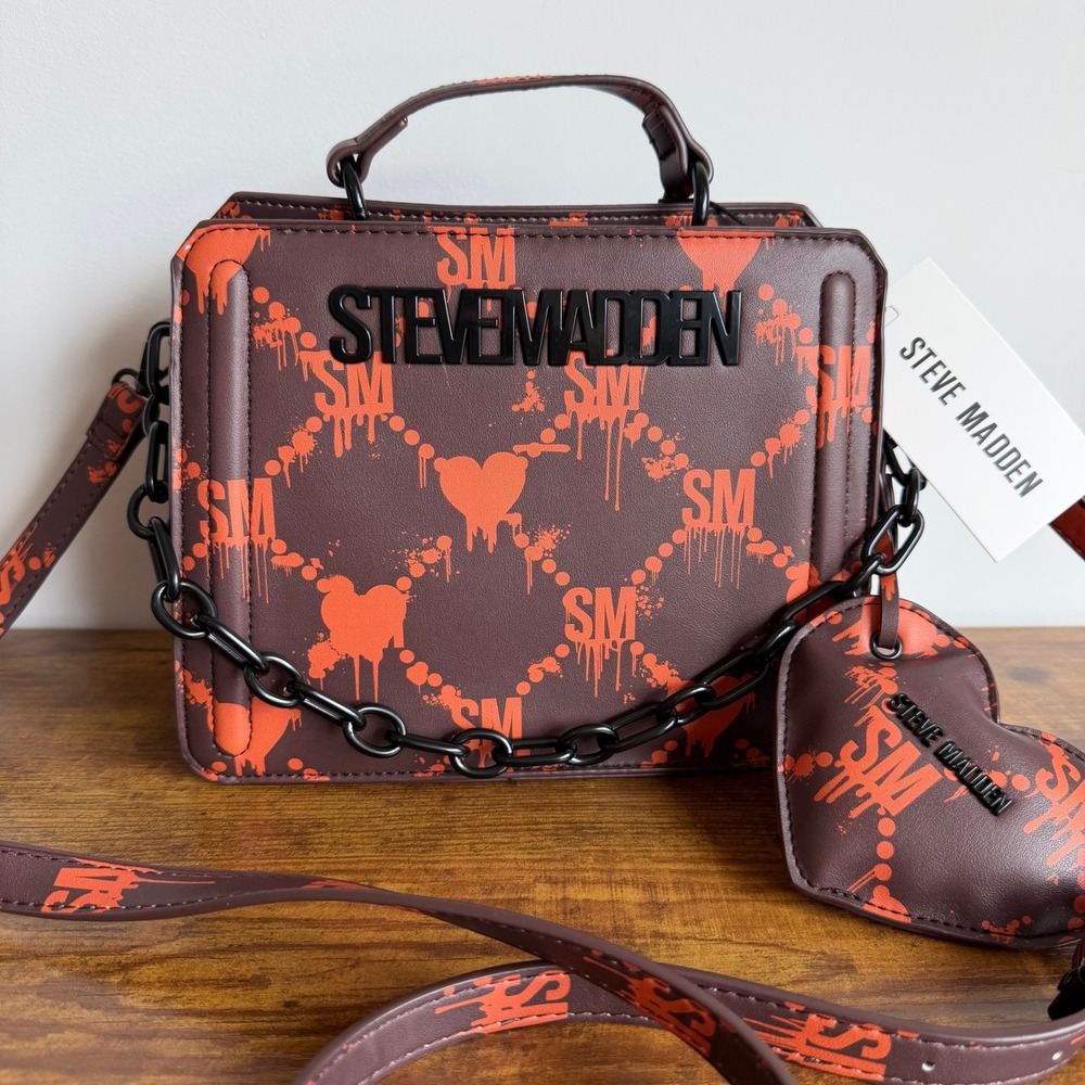 New Steve Madden Bloody Hearts Bevelyn Crossbody Satchel Brown Orange Halloween